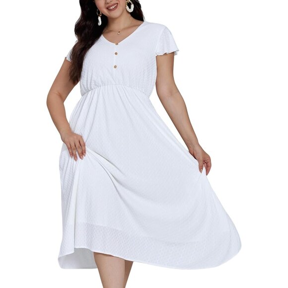 Plus Size White Summer Dress Lace Ruffle Sleeve Button Front Comfortable Casual - Picture 1 of 9